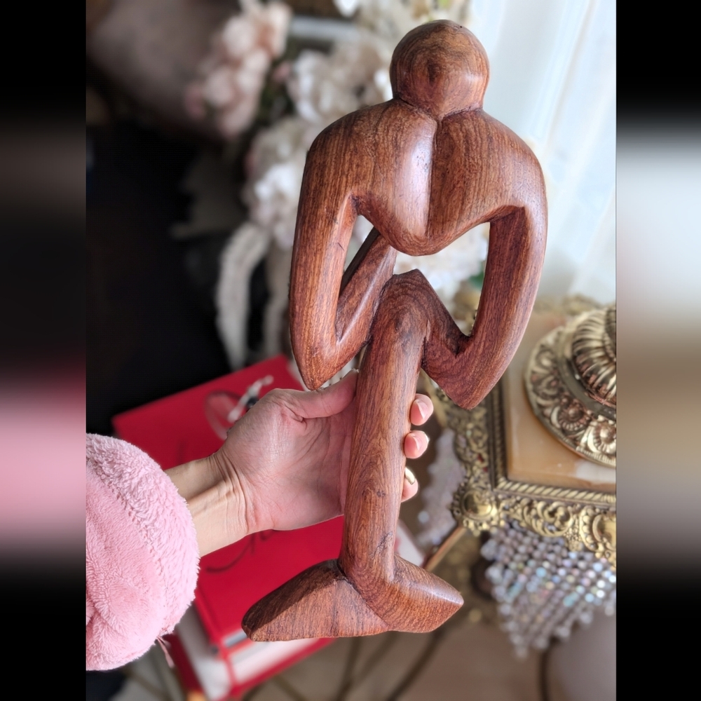 Contemplative Wooden Sculpture Thinking Solid Wood Vintage Contemporary - Picture 5 of 5
